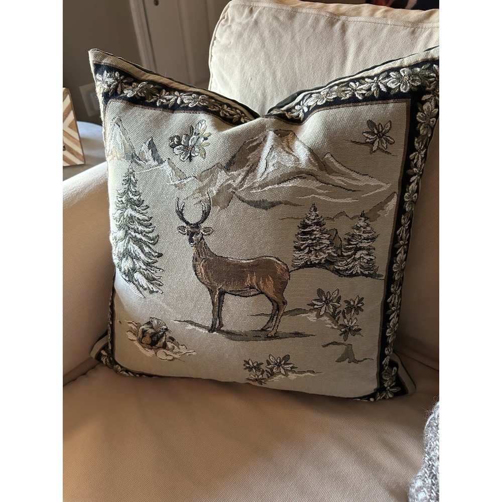 Hines of Oxford Winter Scene Tapestry Pillow – Reindeer 16x16 Velvet Back